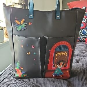 Disney Black Tote Bag with Colorful Design and Teal Handles